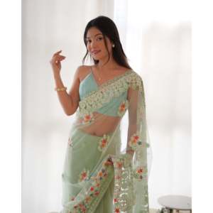 Sari de soirée élégant avec broderie de fils et de zari, robe de club - Product Image 5