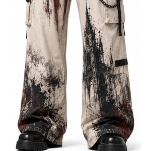 Pantalones Cargo Anchos de Estilo Gótico Grunge Punk para Hombre en Color Beige con Estampado de Bandera Americana y Cinturón de Cadena, Venta al Por Mayor - Product Image 6