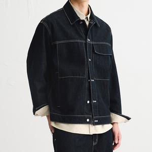 Black <b>Denim</b> <b>Jacket</b> Unisex Autumn Streetwear Workwear Style Shirt Pocket Design <b>Custom</b> Front Logo Button Outerwear Finished - Product Image 3