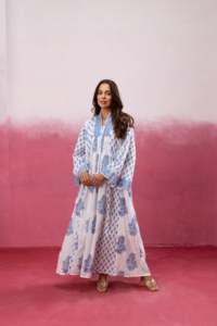 Vestido Largo Maxi Estampado Floral para Mujer, Manga Larga, Estilo Boho, Algodón, Corte Holgado, Cuello en V, Verano, Casual, Bordado a Mano, Tejido - Product Image 4