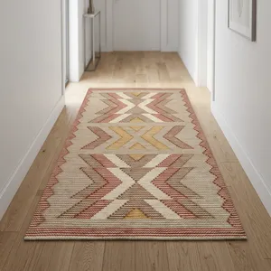 Tapis artisanal HILTEX en mélange de laine, style Kilim, géométrique, rectangulaire, tissé, écologique, antidérapant, à franges, KM-430 - Product Image 1
