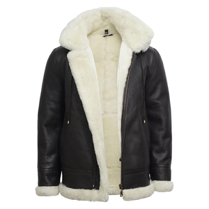 Low Price <b>Men</b> Aviator Flying Genuine Shearling Sheepskin Leather Bomber Hooded <b>Jacket</b> Brown <b>White</b> Sherpa Inner - Product Image 1
