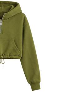 Sudadera con capucha corta de forro polar verde oliva con cremallera de un cuarto, bolsillo canguro, dobladillo con cordón ajustable, estilo casual urbano, cálida, para mujer - Product Image 3
