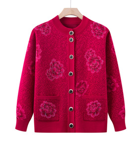 Pull/Cardigan tricoté vintage brodé floral automne/hiver pour femme d'âge moyen et âgée, 100 % polyester épais - Product Image 3
