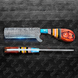 Cuchillo de caza y camping de hoja fija de acero de Damasco hecho a mano, estilo vaquero personalizado, con funda de cuero. - Product Image 4