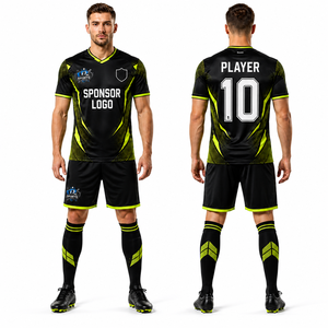 Ensemble de maillots de football personnalisés de haute qualité, imprimés, noir et vert lime, col en V, manches courtes, polyester respirant, uniforme - Product Image 1