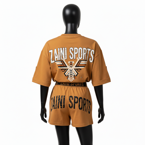 Ensemble t-shirt et short pour femme, coton molletonné premium 240 GSM, tissu doux et respirant, panneau contrastant, impression thermique personnalisée, ensembles pour femmes - Product Image 2