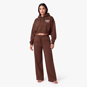 Conjunto de Sudadera Corta Marrón y Pantalones Deportivos Anchos para Mujer, Algodón Felpa, Impresión de Logotipo Personalizado, Fabricación al Por Mayor - Product Image 5