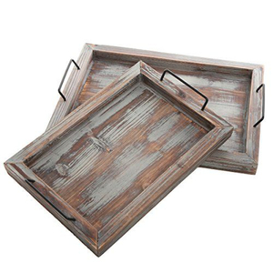 Plateaux de service en bois et fer de haute qualité, lot de 2, avec poignées en métal noir, plateaux décoratifs pour table basse ou ottoman, pour la décoration de la maison - Product Image 2