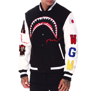<b>Men's</b> Black <b>White</b> Varsity <b>Jacket</b> Shark Mouth Embroidery Patch Design Streetwear Turn-down Collar Regular Fit Autumn Wear - Product Image 5