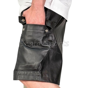 กางเกงขาสั้นคาร์โก้หนัง PU สไตล์สตรีทลำลองแบบมีเชือกผูกเอวและกระเป๋าเปิดโชว์ ผลิตตามสั่งสำหรับผู้ชาย - Product Image 4