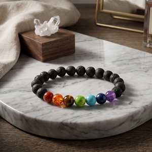 Bracelet 7 chakras, bracelet en pierres précieuses naturelles, bracelet en pierre de lave noire, bracelet à perles unisexe, bijoux tendance - Product Image 2