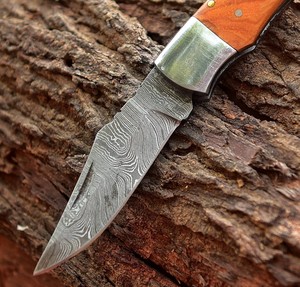 Couteau pliant de camping à lame droite en acier Damas, fait main, DIY, avec manche en bois à changement rapide, épaisseur de lame 3 mm, 7,5 cm - Product Image 2