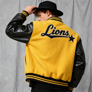 Blouson universitaire homme jaune et noir en laine avec manches en PU, patch étoile, style baseball, bordure côtelée rayée, fermeture à boutons-pression – Vente en gros - Product Image 5