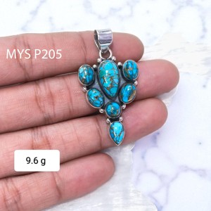 จี้เงินแท้ 925 ประดับเทอร์ควอยซ์สีน้ำเงินทองแดง ตัวเรือนแบบฝัง จี้ทำมือ ขายส่งคุณภาพดี - Product Image 2