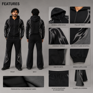 Ensemble de survêtement graphique noir et gris pour homme avec veste à capuche zippée et pantalon large pour un style streetwear décontracté - Product Image 6