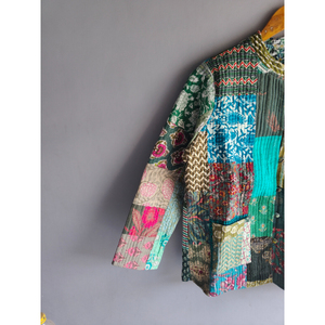 Veste Kantha réversible vintage, faite à la main, en coton, patchwork, broderie à carreaux, boutons sur le devant, vêtement d'hiver, cadeau pour elle - Product Image 2