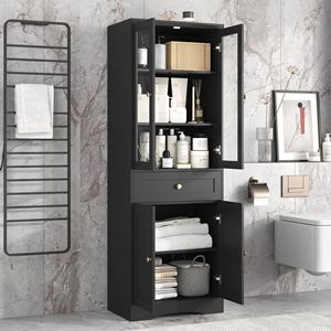 Mobiletto Alto da Bagno in MDF con Quattro Ante e Cassetti, Ripiano Regolabile, Arredo Bagno - Product Image 2