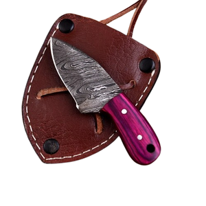 Cuchillo Skinner de Hoja Fija de Acero de Damasco Hecho a Mano Personalizado, Grado Industrial, Borde Recto, Mango Morado, Funda de Cuero, Punta Caída - Product Image 4