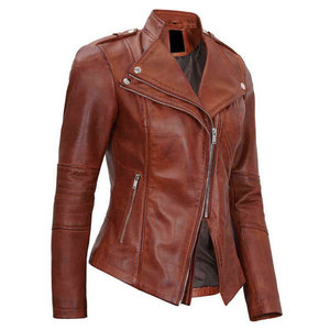 Veste de moto en fourrure d'agneau marron respirante pour femmes avec doublure en coton, fermeture éclair asymétrique, veste de motard - Product Image 3