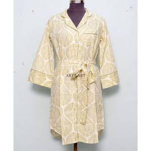 Indian Handmade Eco-Friendly Vintage Summer Lightweight Floral Cotton <b>Kimono</b> with Bird Print Woven Fabric Long Shirt with Belt - Product Image 1