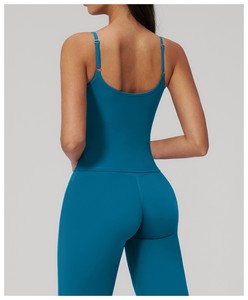 Ensemble de yoga 2 pièces pour femme, couleur turquoise unie, bretelles spaghetti, taille haute, jambes évasées, sans couture, longueur intégrale, respirant, en Spandex/Nylon - Product Image 3