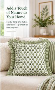 Housse de coussin indienne bohème à volants, imprimée à la main, 100 % coton, douce, amovible et lavable, motif floral botanique vert - Product Image 2