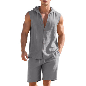 Men's 2 Piece <b>Linen</b> Outfit Sleeveless Hooded Button Shirt and Loose Straight <b>Shorts</b> for Everyday Wear - Product Image 3