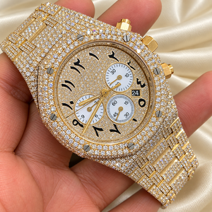 Montre chronographe mécanique de luxe bicolore en moissanite glacée avec mouvement ETA, bracelet en acier inoxydable, cadran rond 41 mm pour homme - Raj Gems - Product Image 4