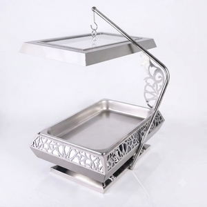 Modern Rectangular Stainless Steel Chafing <b>Dish</b> with <b>Glass</b> View Window Lid and Angled Overhead Arch Stand Food Warmer - Product Image 1
