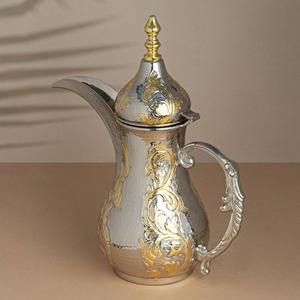 Silver Oriental Jug With Gold Embossed Design And Lid For <b>Coffee</b> Tea Serving - Product Image 1