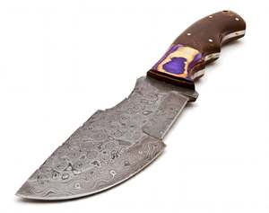 Couteau utilitaire Tracker artisanal en acier Damas avec manche segmenté en bois et résine violette, outil de terrain - Product Image 2