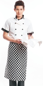 Veste de chef à manches courtes pour homme, en coton blanc tissé, fermeture boutonnée, uniforme de restaurant et de bar, tablier à carreaux inclus - Product Image 4