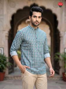 Kurta en coton imprimé pour hommes, style décontracté indien, idéal pour le bureau et le quotidien, pour garçons - Product Image 3