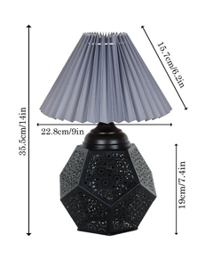 Black Turkish metal table lamp grey pleated shade hexa jaali base handcrafted bedside night light for modern home <b>decor</b> - Product Image 2