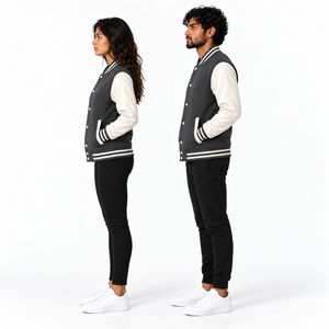 High Quality Unisex Gray Varsity Jacket Customized Colors <b>Covered</b> <b>Button</b> Closure Casual Style Regular Fit Polyester Cotton - Product Image 2