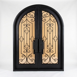 Puerta Doble de Entrada de Hierro Forjado Moderna y de Lujo, con Arco Superior y Diseño de Espiral, Resistente al Agua, Abatible, para Uso Exterior - Product Image 2