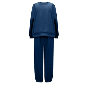 Ensemble de jogging décontracté pour femme en coton bleu marine, coupe ample, col rond, manches longues, avec poches latérales et taille élastique, idéal pour l'automne - Product Image 4