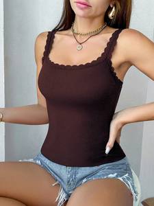 OEM 2026 Women Different colors Knitted <b>Tank</b> <b>Top</b> With <b>Lace</b> Trim Scoop Neck Casual Solid Color Spandex Cotton Blend <b>Top</b> - Product Image 2