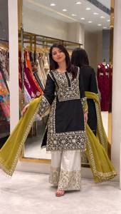 Natural Crape Silk Black Sequence Embroidered <b>Kurta</b> Palazzo Set with Organza Dupatta Gold Thread Work Party Wear <b>for</b> <b>Women</b> - Product Image 2
