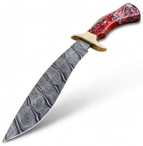 Couteau robuste à lame fixe en acier Damas, outil utilitaire extérieur, manche en résine marbrée rouge, garde en laiton - Product Image 2