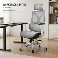 Chaise de bureau gris entièrement en maille avec cadre blanc, support lombaire divisé, appui-tête et base à roulettes polies pour mobilier de bureau