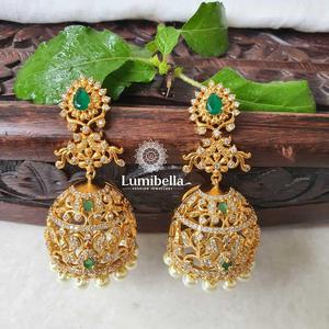 Green Amethyst Imitation Pearl Silver & Gold Plated Oxidized Polish Women's Jhumka Hoop Earrings for Bridal Party Engagement - Product Image 1
