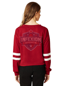 Sweat-shirt rouge à manches longues et col rond pour femme, avec rayures blanches sur les manches, haut tricoté décontracté, 100% coton, vêtements d'automne - Product Image 4