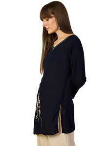 Women's Navy Blue Pure Viscose Kurta with Floral Embroidery Loose Fit <b>Ankle</b> Length Casual Indian Pakistani Ethnic Wear - Product Image 4