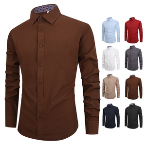 Chemise formelle noire unie à manches longues pour homme, coupe ajustée, tissu tissé - Product Image 5