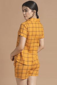 Conjunto de camisa y pantalones cortos a cuadros para mujer, con cierre de botones, algodón transpirable, corte casual regular, cintura media - Product Image 2