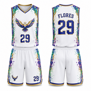 Uniforme de basketball sublimé, personnalisation en gros, design graphique, logo, nom, numéro, couleurs, tissu respirant et anti-humidité - Product Image 3