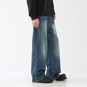 Jean en denim ciré pour homme, coupe large, taille mi-haute, couleur unie, en coton, décontracté, avec braguette boutonnée, en tissu tissé, grandes tailles - Product Image 1