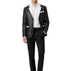 <b>Men's</b> Black <b>Faux</b> <b>Leather</b> Blazer White Peak Lapels Single Breasted Slim Fit Smart Casual Suit <b>Jacket</b> - Product Image 3